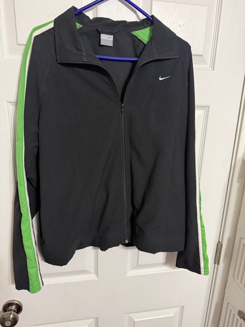 Nike Black Jacket with Green and White Sleeve Stripes